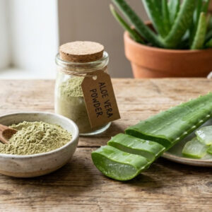 100% pure aloe vera powder in a glass jar alongside fresh sliced aloe vera leaves on a rustic wooden table, representing high-quality botanical raw materials for wholesale.