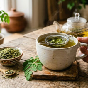 Bulk organic Moringa oleifera leaf tea in a glass jar with fresh green moringa leaves, ideal for wholesale health supplement and herbal tea supplier