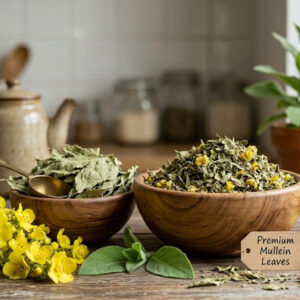 Premium dried mullein leaves in a wooden bowl with yellow mullein flowers and a glass of herbal tea on a rustic table.